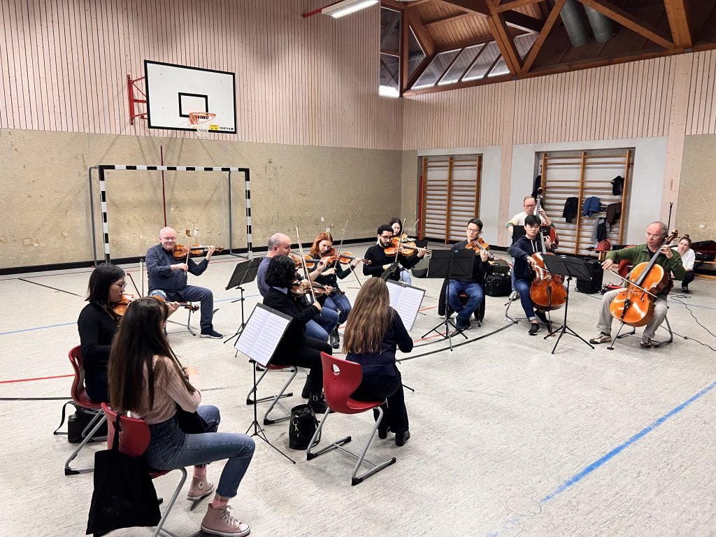 13 Streicher spielen ein Konzert in einer Turnhalle